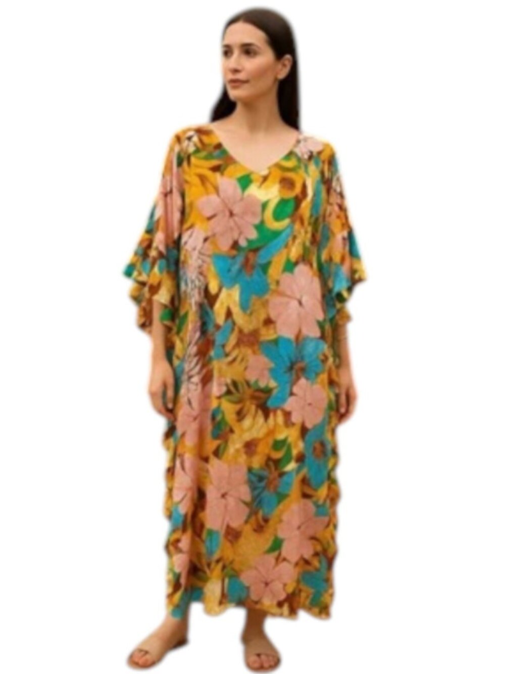 NEW Easel Small - Large Multi-Color Kaftan Style Maxi Dress Ruffle Sides Pockets